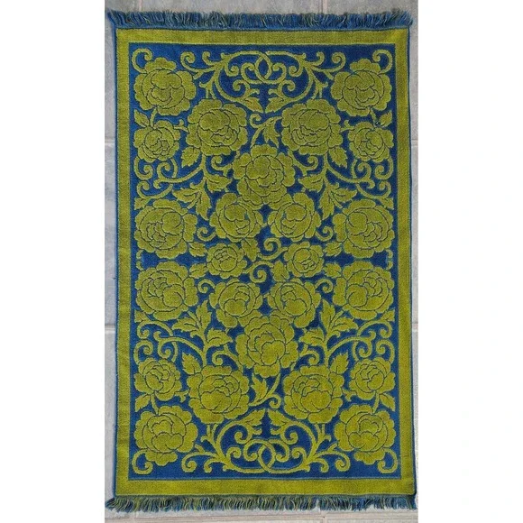 Vintage Fieldcrest Rose Floral Bath Towel Blue Lime Green Cotton Fringed USA MCM