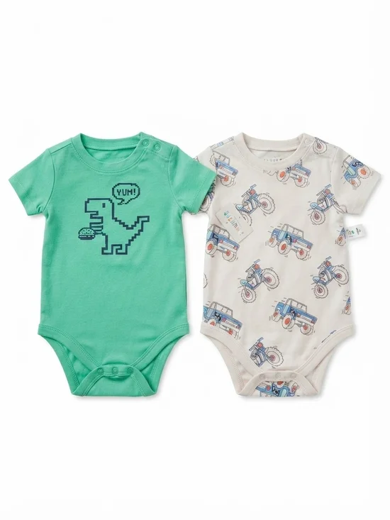 2-Pack Baby Bodysuits with Dinosaur & Vehicle Prints - Green & Cream