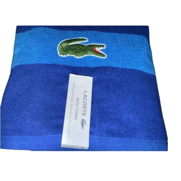 Lacoste Bath Towels Luxury Blue Cotton with Crocodile Logo 30in x 52in NWT