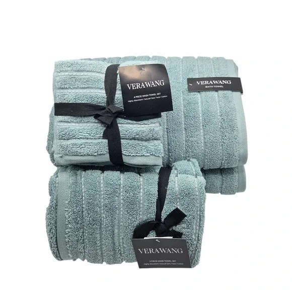Vera Wang 8pc Zero‎ Twist Cotton Bath Towel Set Geo Stitch Aqua Blue B Twlos