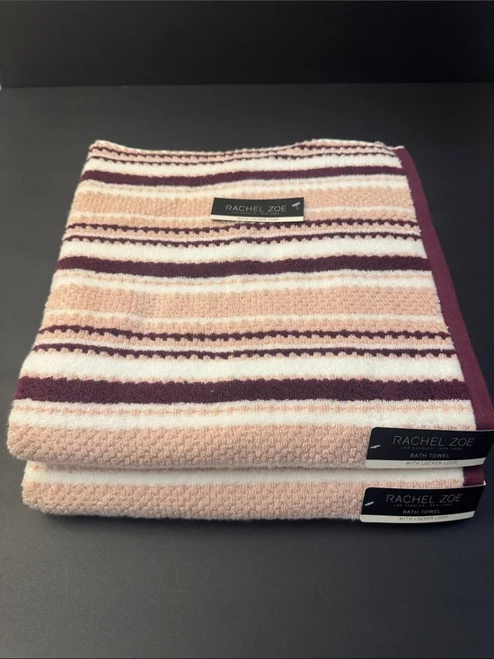 2pc RACHEL ZOE 100% Cotton Striped Bath Towel Set with Locker Loops RZ PALAZZO