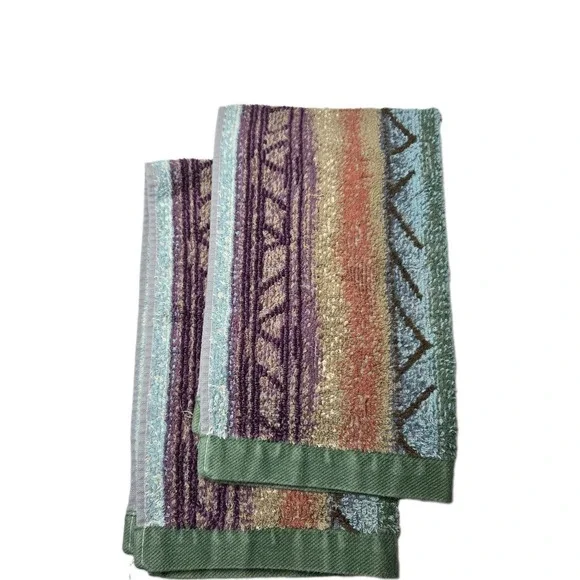 Vintage Set Of 2 Creative Bath Cotton Terry Cloth Hand Towels Geo Print Green