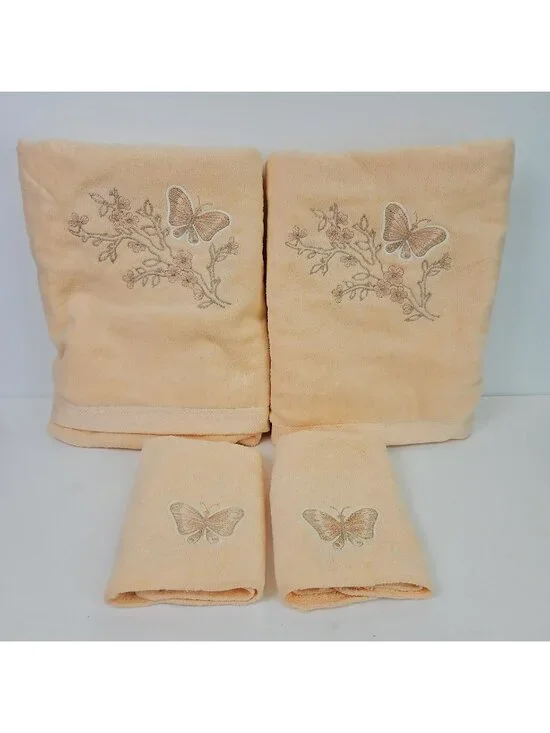 Vintage NTW Set USA Towels 2 Full Size 2 Washcloths Pink Butterfly Embroidered