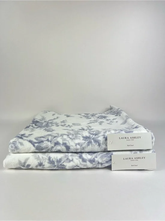 Laura Ashley Bath Towels Blue White Floral Soft Velour Cotton 2 Pc Set NEW