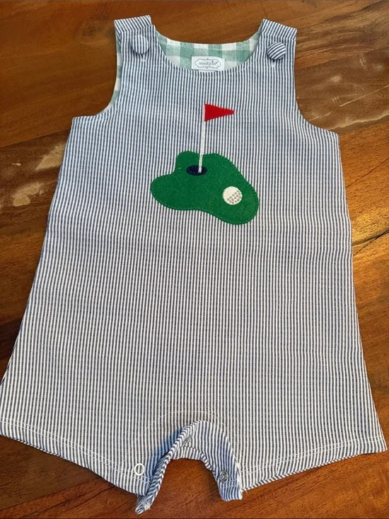 Mud Pie Green and White Gingham Baby Outfit with Navy Trim