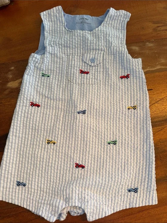 Striped Seersucker Baby Romper with Colorful Car Embroidery