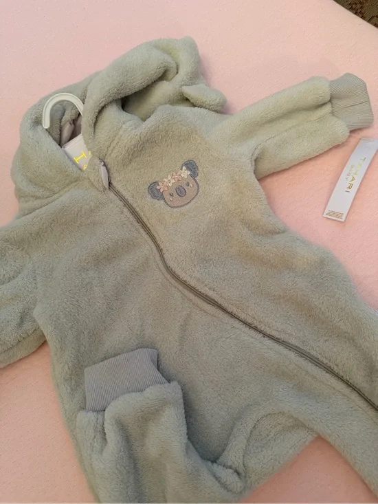 Tahari Sage Green Plush Hooded Baby One-Piece Bodysuit with Koala Embroidery