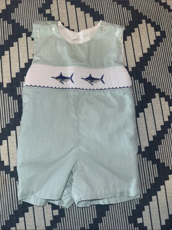 Green Check Boys' One-Piece Smocked Shortall with Navy Swordfish Embroidery