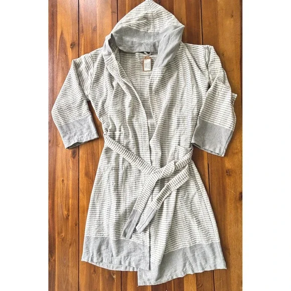 Turkish Cotton Hooded Robe L/XL Gray Stripe Belted Lightweight Spa Bathrobe‎ NWT