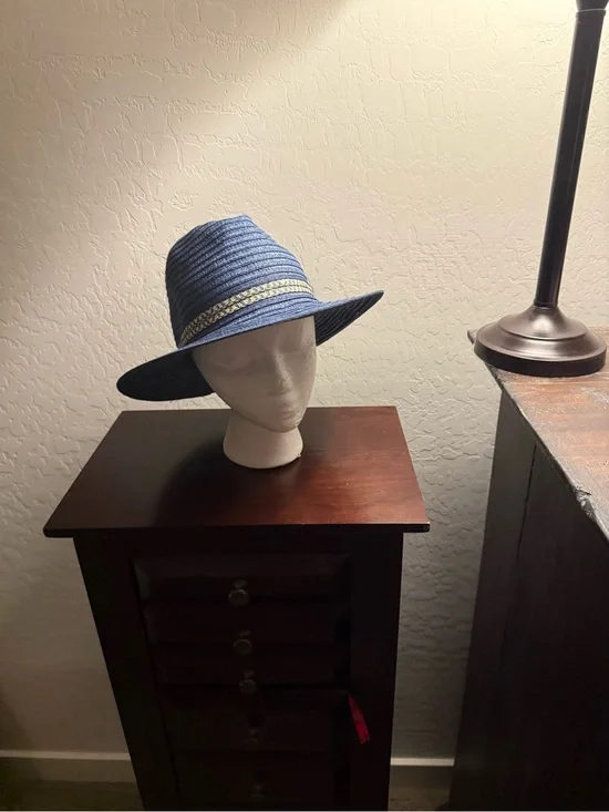 Wide-Brim Blue Straw Hat with Decorative Band