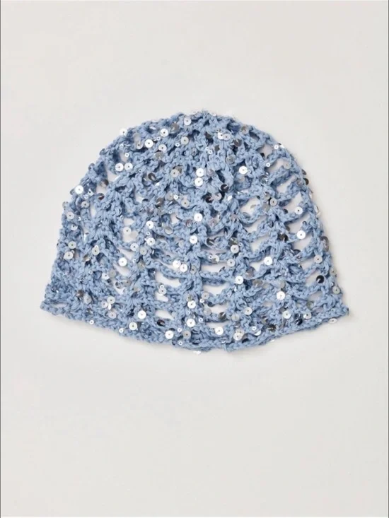 Free People Mika Light Blue Sequin disco Crochet skull cap