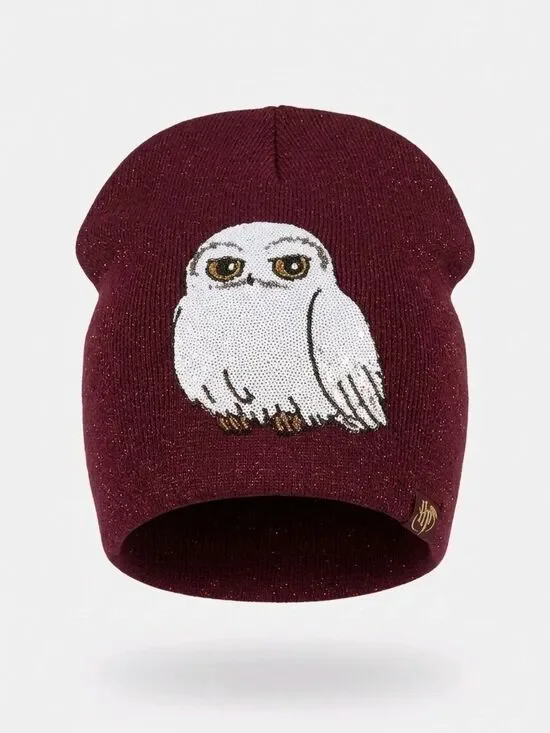 H&M Burgundy Knit Beanie with White Sequin Owl