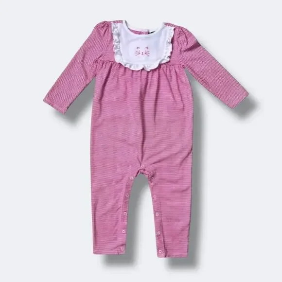 🦋3/$30 Janie and Jack Romper Girls 18-24M Pink Stripe Cat Face Long Sleeve