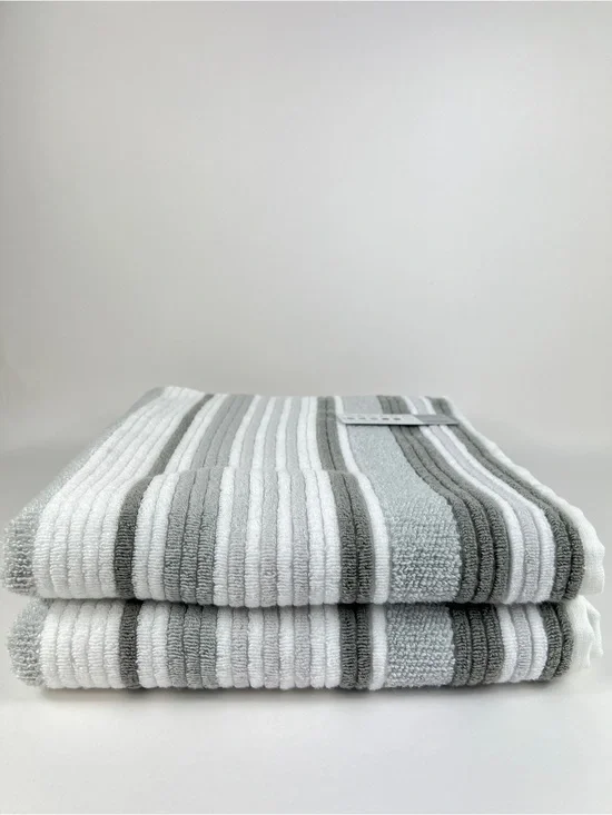 Casaba Bath Towels Tan Taupe White Striped Quick Dry Soft Cotton 2 Pc Set NEW