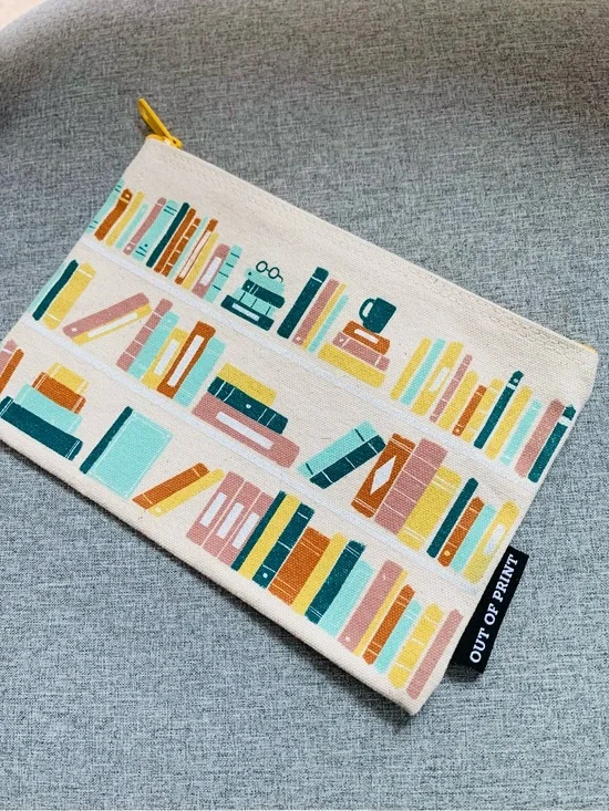 'Out of Print' Zip Top Pouch Pencils Make Up Multi Color Book Theme Library EUC