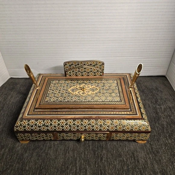 Handcrafted Inlay Desk Organizer Persian Khatam Marquetry Pen Card Holder Box
