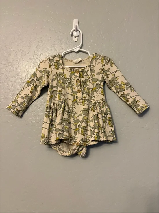 Kate Quinn the woods leaf print long sleeve modal ballerina bubble 12-18 months
