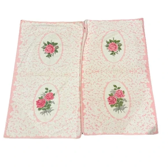 2 Vtg Bath Towel Cannon Royal Family Pink‎ White Double Rose Sculpted Plush EUC