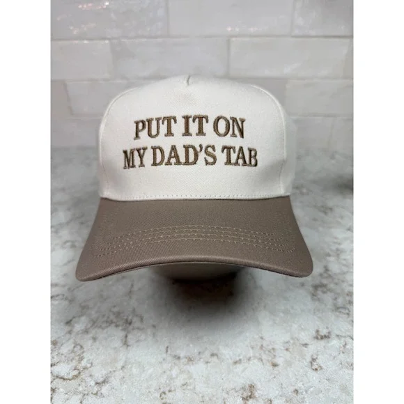 Put It On My Dads Tab Baseball Cap Hat Cream Tan‎ Two Tone Adjustable Strapback