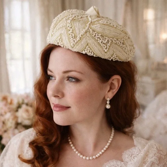 Gladys & Belle Ivory Beaded Soutache Halo Beret Cocktail‎ Hat Bridal OS