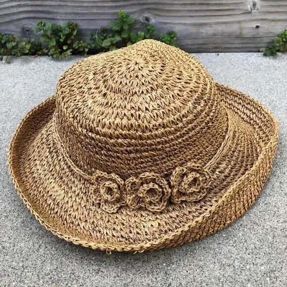 Women's Bucket Fedora Hat Crochet Woven Cap One Size Brown​
