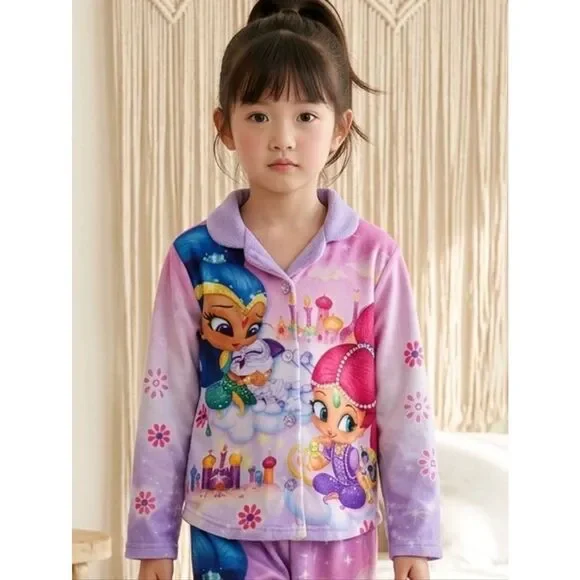 Nick Jr Shimmer And Shine Purple Pets Flannel Pajama Top Girls 6/6x Sleep Shirt