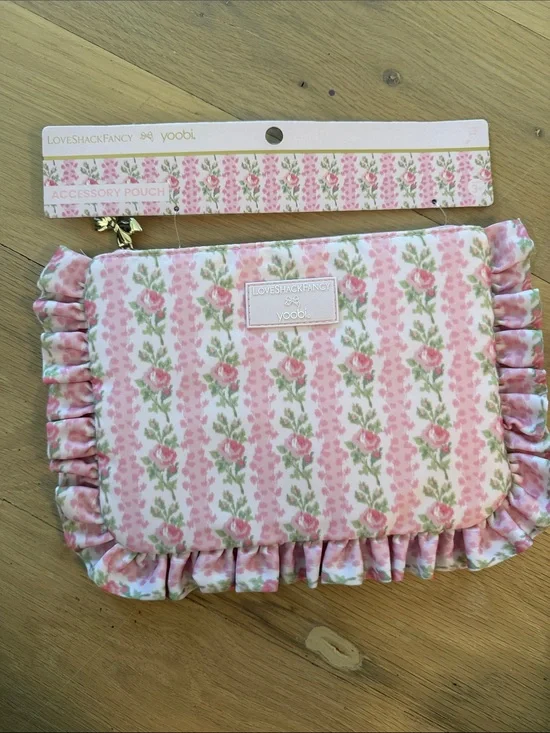 LoveShackFancy x yoobi Ruffle Floral Accessory Pouch - strawberry macaroon