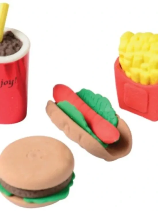3D Fast Food Eraser Playset - Hot Dog, Burger, Fries & Drink