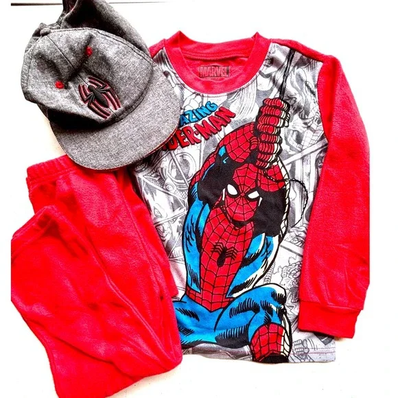 Marvel Spider-Man Pajama Set Kids 4/5 T Red Grey 3-Piece Top Pants Hat Bundle