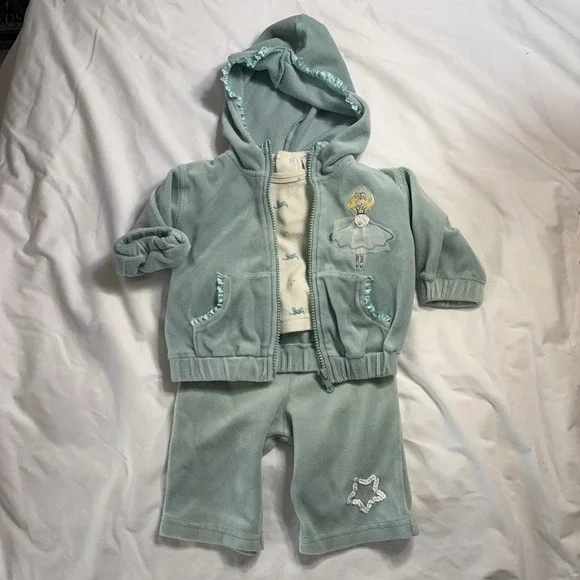 Starting Out Baby Girl 6M 3pc Velour Ballerina Tracksuit Green‎ Jacket Top Pants
