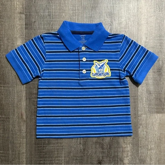 💞 New Carter’s Baby & Toddler Boys Size 12 Months Blue Striped “Champion” Polo