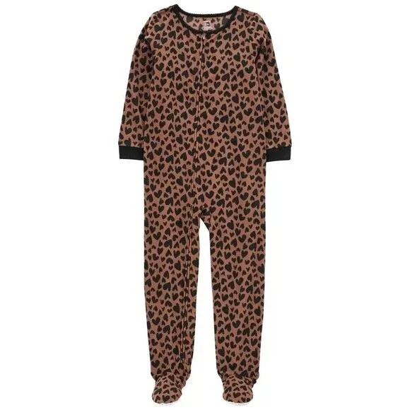 Girls Fleece Leopard Hearts PJs Pajama One Piece Footed Sleeper Zip Cozy 6