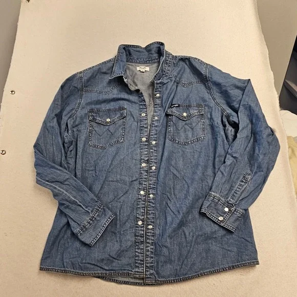 Wrangler Retro Mens XXL Denim Western Snap Front Shirt Blue Long Sleeve 6454