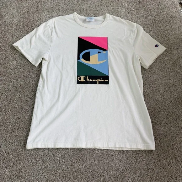 Champion Colorblock Logo Shirt Mens Large White Graphic Athletic Tee T-Shirt