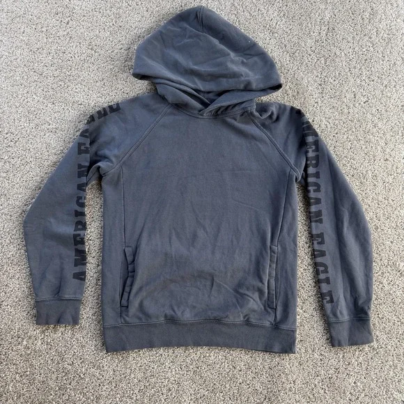American Eagle Hoodie Mens XS Gray Fleece Pullover AE USA Globe Sweatshirt