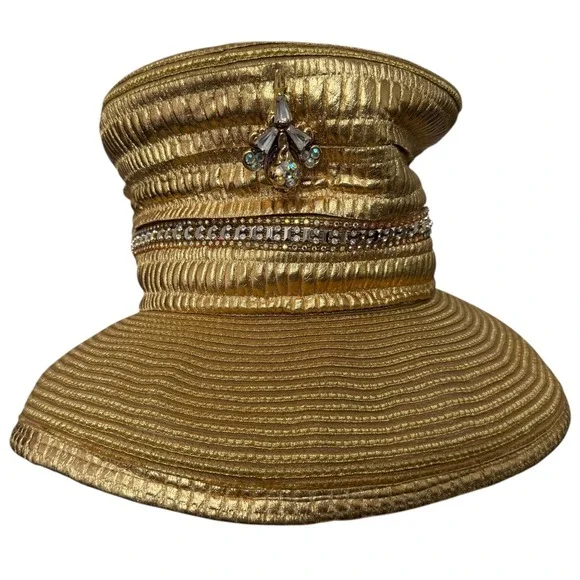 Shellie McDowell NY Gold Metallic Wide Brim Hat Lawrence Vrba Crystal Brooch