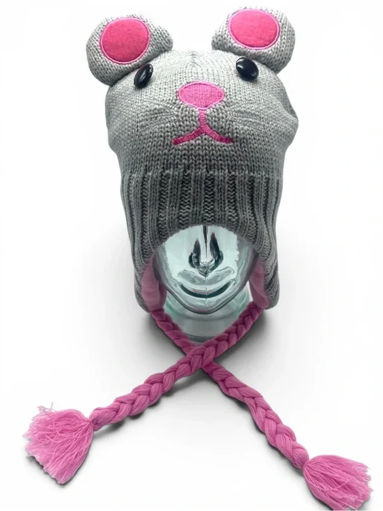 Mouse Cosplay Beanie Hat Gray Pink Fleece Lined Braided Earflap Kawaii Harajuku