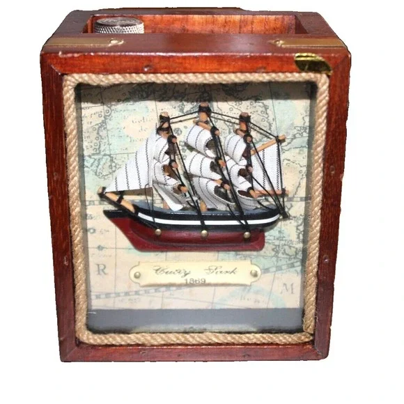Vintage wood pen/pencil holder/shadow box with cutty sark 1869 sailing ship.