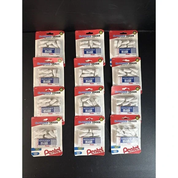 Pentel New Lot Hi-Polymer Eraser White 12 Packages Of 1-large block, 6-caps