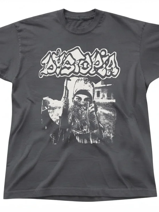 Dystopia Band Graphic Charcoal Gray Cotton Gildan T-shirt