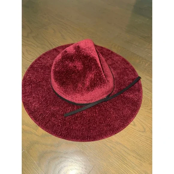 Burgundy Chenille Knit Wide Brim Floppy Sun Hat Wine Red with Black Ribbon Bow