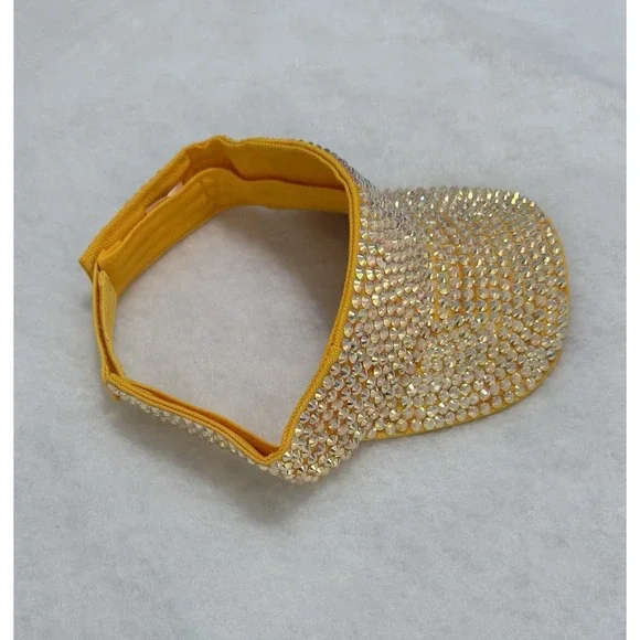 Women's Rhinestone Bling Sun Visor Hat Yellow & Pink Sparkly Adjustable