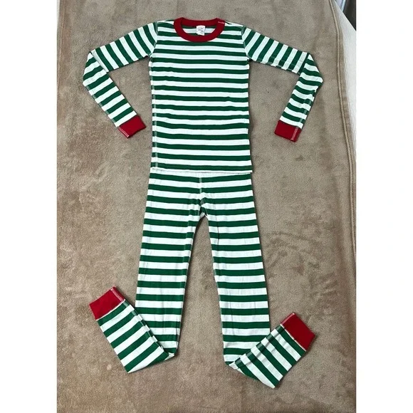 Hanna Andersson Striped Pajama Set Kids 12 Green White 100% Cotton EUC