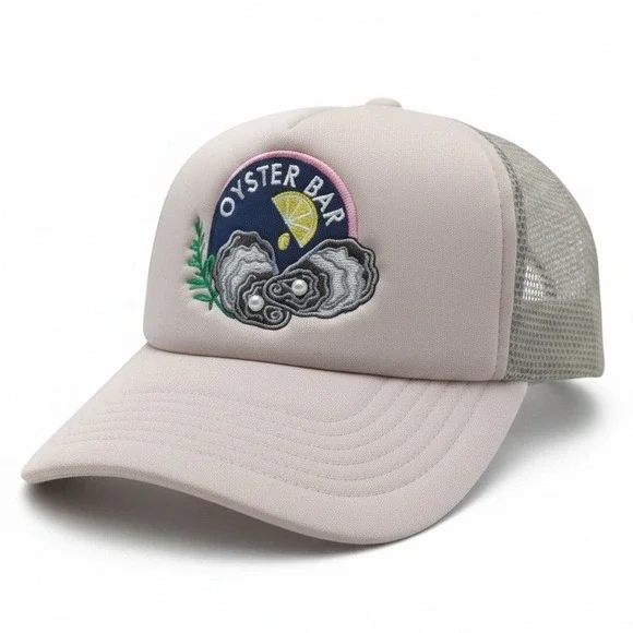 Patchwork by La Valentina Oyster Bar Trucker Hat Pink Mesh Snapback Pearl Detail