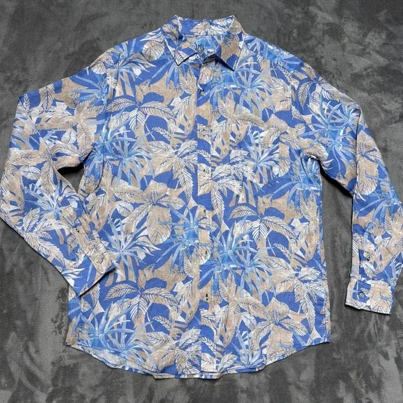J. McLaughlin‎ Shirt Mens Medium Blue 100% Linen Hawaiian Palm Print Long Sleeve