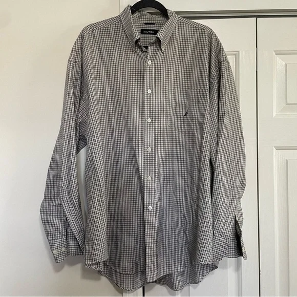 Nautica Button Down Long Sleeved Dress Shirt Tan Black Plaid Size XXL