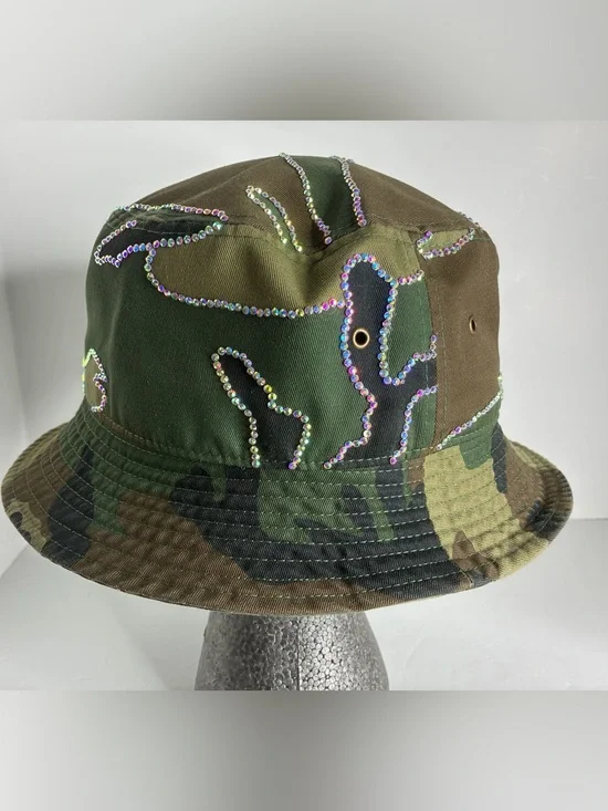 Custom Camouflage Rhinestone Bucket Hat - Green Camo NWOT