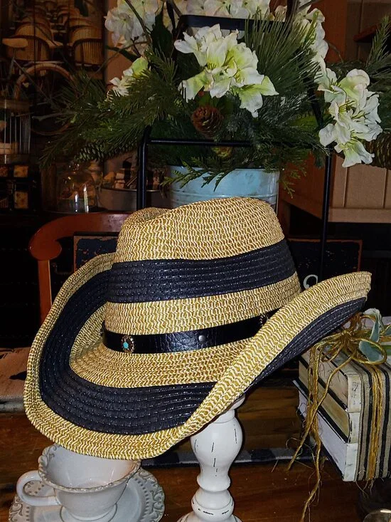 Western Style Black & Natural Stripe Straw hat