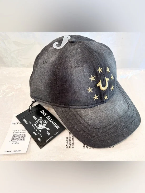 New TRUE RELIGION Gold Logo Silver Frosted Black Cotton Hat Trucker Cap $65