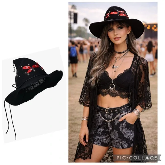 COSDREAMER Gothic Black Wool Hat Cross Stud Rhinestone Festival Witch Western Bo